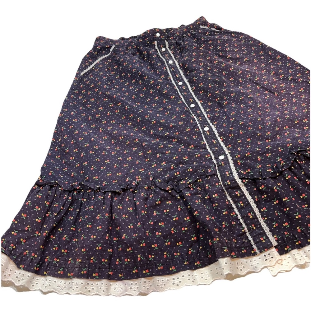 Ecco Bay Blue Pink Floral prairie Skirt Lace vintage Cottagecore USA,  Pockets S